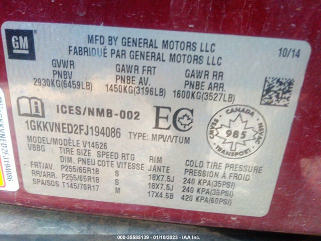 GMC ACADIA SLE 2015 1GKKVNED2FJ194086 Image 9