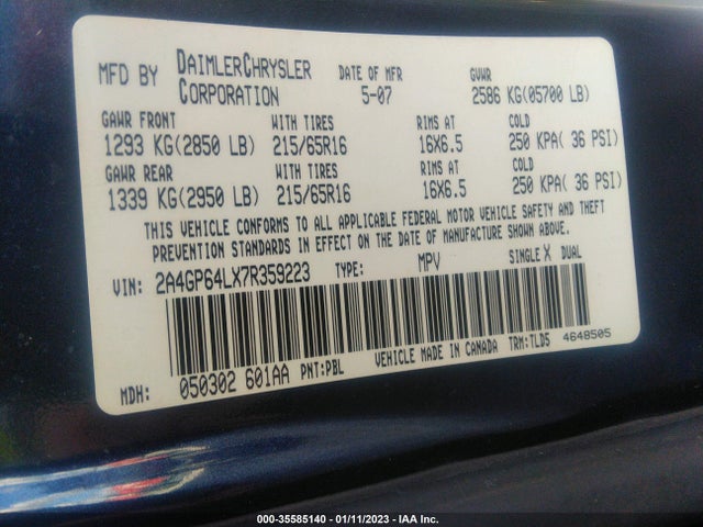2007 CHRYSLER TOWN & COUNTRY LWB LIMITED VIN: 2A4GP64LX7R359223