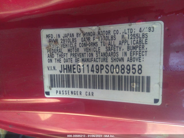 1993 HONDA CIVIC DEL SOL S VIN: JHMEG1149PS008958