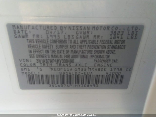 2017 NISSAN SENTRA SV VIN: 3N1AB7AP4HY308490