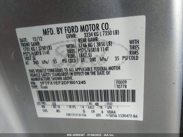 2013 FORD F-150 XL/STX/XLT/FX4/LARIAT VIN: 1FTFX1EF2DFB01245