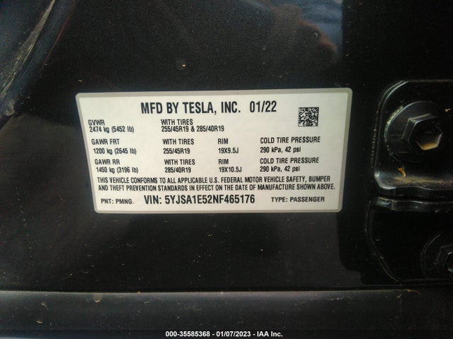 2022 Tesla Model S, VIN: 5YJSA1E52NF465176