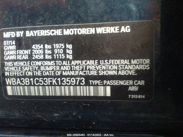2015 BMW 3 SERIES 320I VIN: WBA3B1C53FK135973