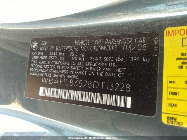 2008 BMW 7 SERIES 750I VIN: WBAHL83528DT13228