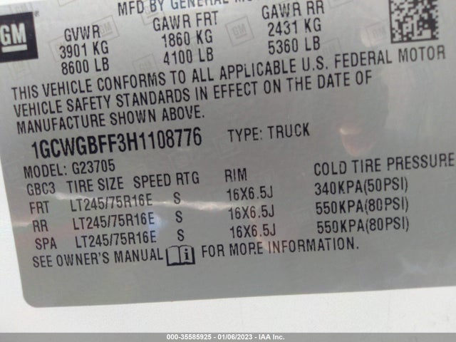 2017 Chevrolet Express, VIN: 1GCWGBFF3H1108776