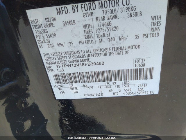 2008 FORD F-150 XLT/FX2/LARIAT VIN: 1FTPW12V18FB39462