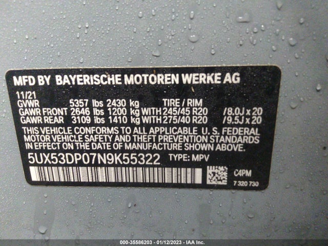 2022 BMW X3 XDRIVE30I VIN: 5UX53DP07N9K55322