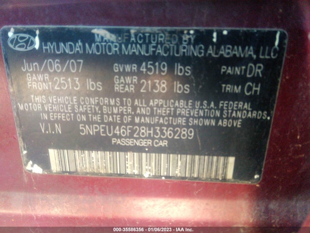 2008 HYUNDAI SONATA LIMITED VIN: 5NPEU46F28H336289