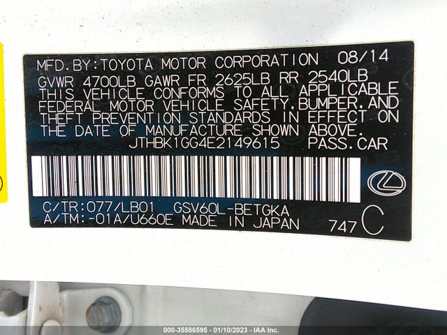 JTHBK1GG4E2149615 Lexus ES 350