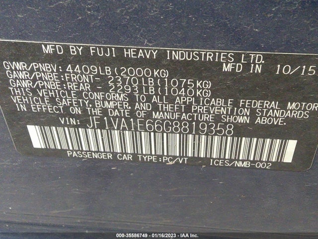 2016 Subaru WRX, VIN: JF1VA1E66G8819358