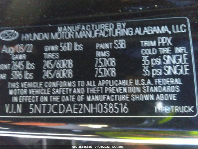 2022 Hyundai Santa Cruz, VIN: 5NTJCDAE2NH038516