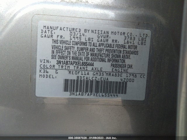 2014 NISSAN SENTRA S VIN: 3N1AB7APXEL655444