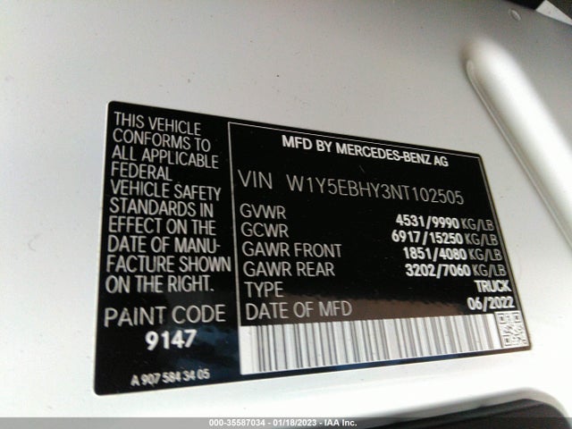 2022 Mercedes-Benz Sprinter, VIN: W1Y5EBHY3NT102505