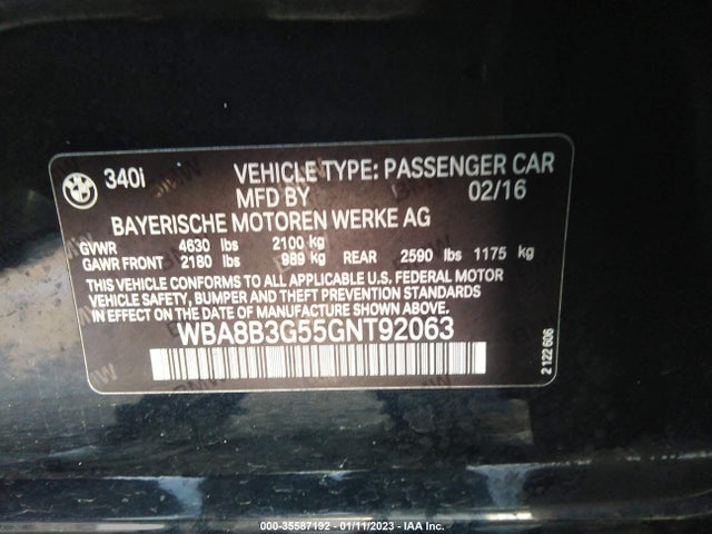 2016 BMW 3 Series, VIN: WBA8B3G55GNT92063