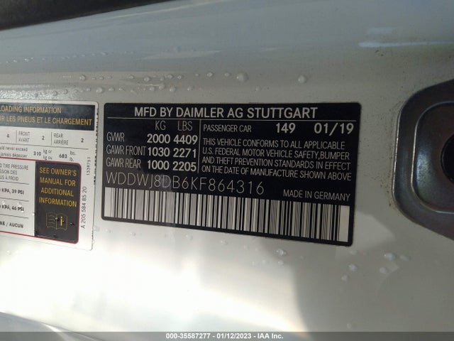 2019 Mercedes-Benz C-Class, VIN: WDDWJ8DB6KF864316