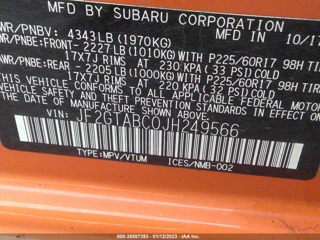 2018 Subaru Crosstrek, VIN: JF2GTABC0JH249566