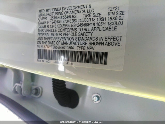 2022 Honda Pilot, VIN: 5FNYF5H53NB010304