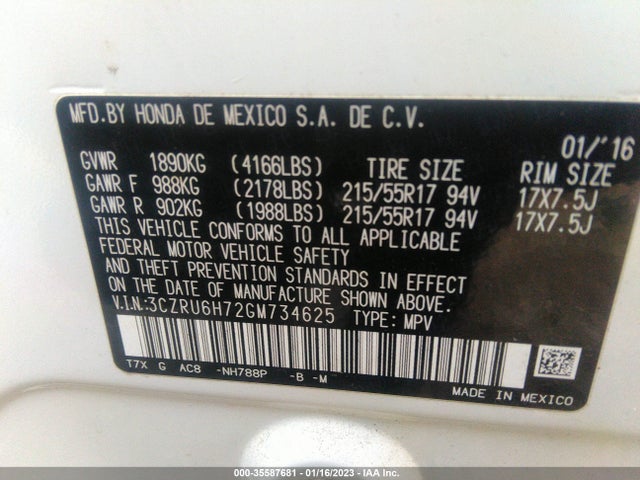 2016 Honda HR-V, VIN: 3CZRU6H72GM734625