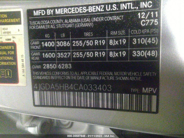 2012 MERCEDES-BENZ M-CLASS ML 350 VIN: 4JGDA5HB4CA033403