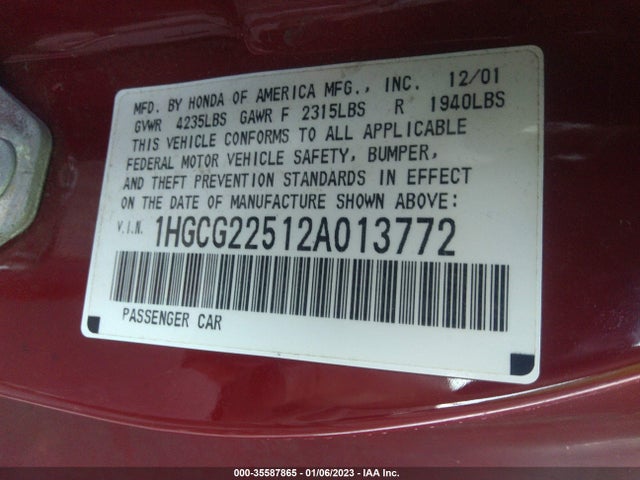 2002 HONDA ACCORD CPE EX W/LEATHER VIN: 1HGCG22512A013772