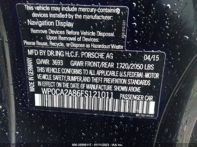 2015 Porsche Boxster, VIN: WP0CA2A86FS121011