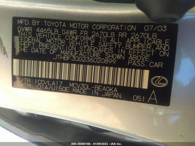 2003 LEXUS ES 300 VIN: JTHBF30G236020899