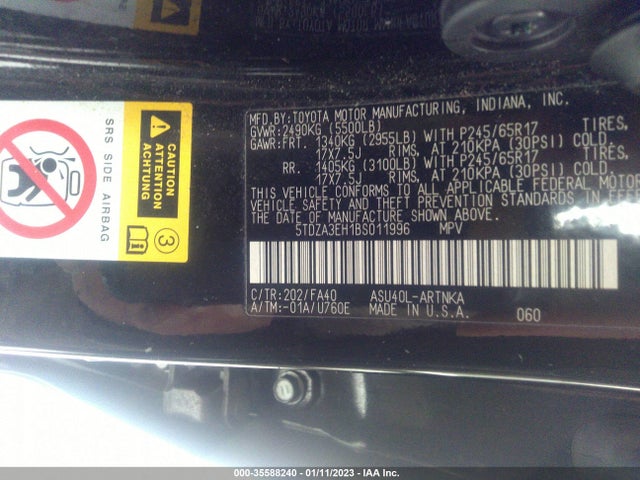 2011 TOYOTA HIGHLANDER BASE/SE VIN: 5TDZA3EH1BS011996