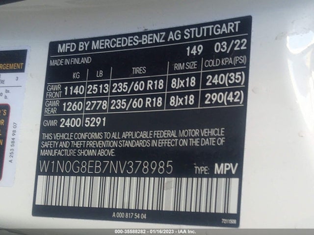 2022 Mercedes-Benz GLC-Class, VIN: W1N0G8EB7NV378985
