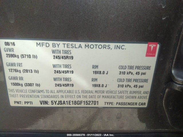 Tesla MODEL S 2016 5YJSA1E18GF152701 Image 9