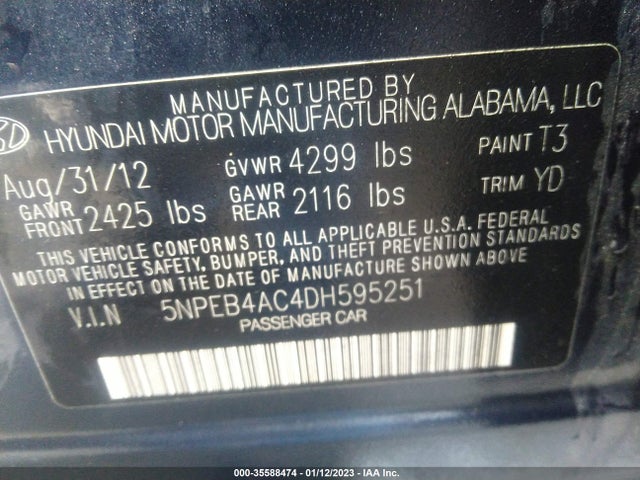 2013 HYUNDAI SONATA GLS VIN: 5NPEB4AC4DH595251