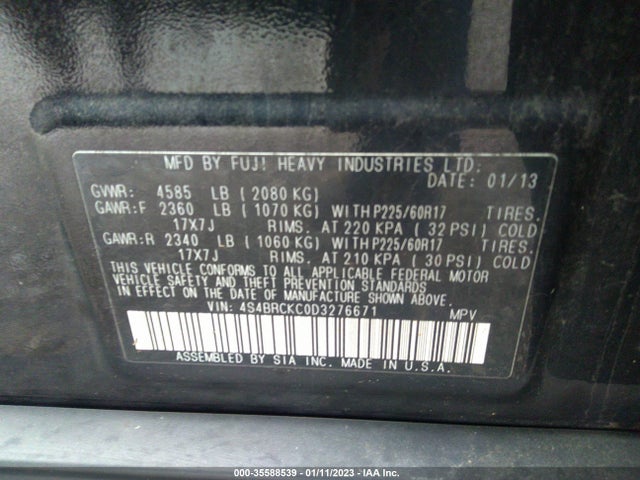 2013 SUBARU OUTBACK 2.5I LIMITED VIN: 4S4BRCKC0D3276671