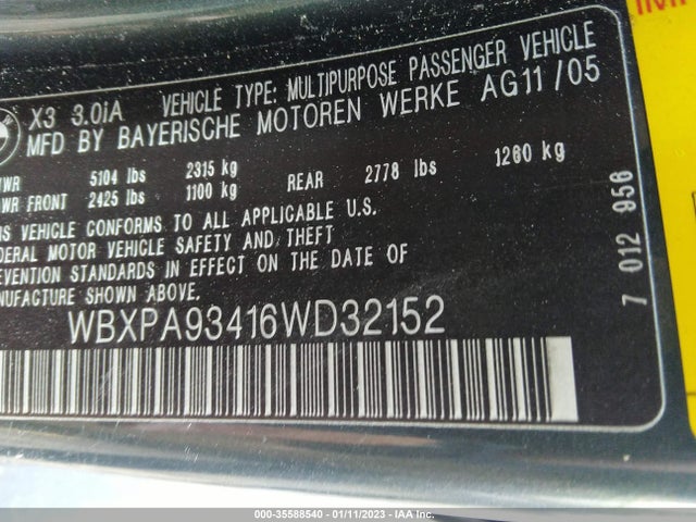 2006 BMW X3 3.0I VIN: WBXPA93416WD32152