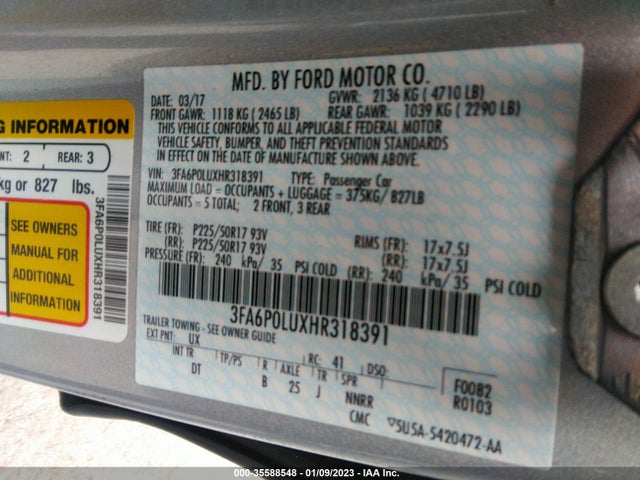 2017 FORD FUSION HYBRID SE VIN: 3FA6P0LUXHR318391