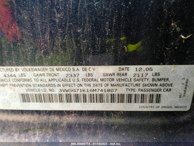 2006 VOLKSWAGEN JETTA SEDAN 2.5L VIN: 3VWSG71K16M741807