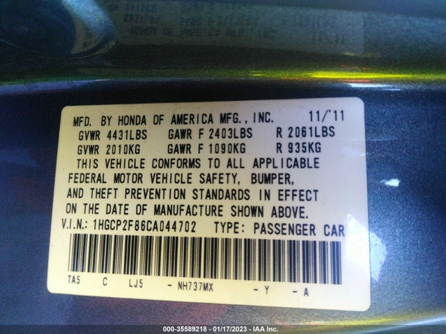 2012 HONDA ACCORD SDN EX-L VIN: 1HGCP2F86CA044702