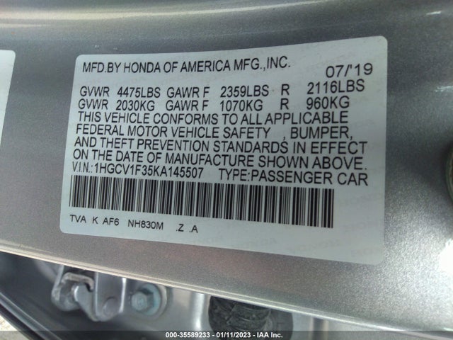 2019 HONDA ACCORD SEDAN SPORT 1.5T VIN: 1HGCV1F35KA145507