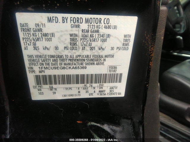 2012 FORD ESCAPE LIMITED VIN: 1FMCU9EG8CKA65369