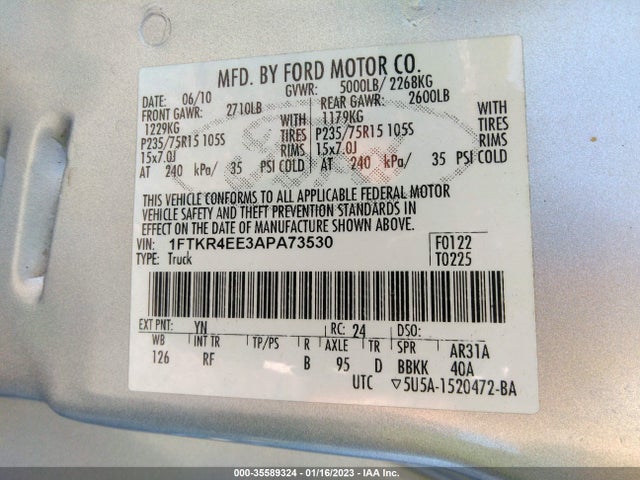2010 FORD RANGER XLT/SPORT VIN: 1FTKR4EE3APA73530