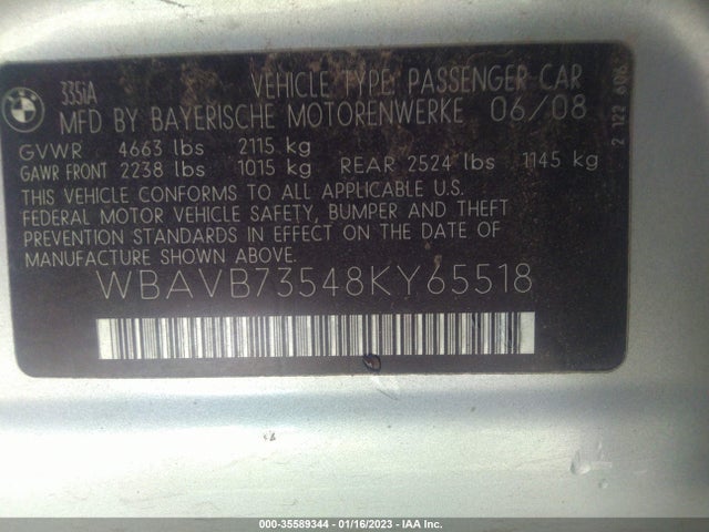 2008 BMW 3 SERIES 335I VIN: WBAVB73548KY65518