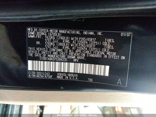 2007 TOYOTA SEQUOIA LIMITED VIN: 5TDBT48A37S284235