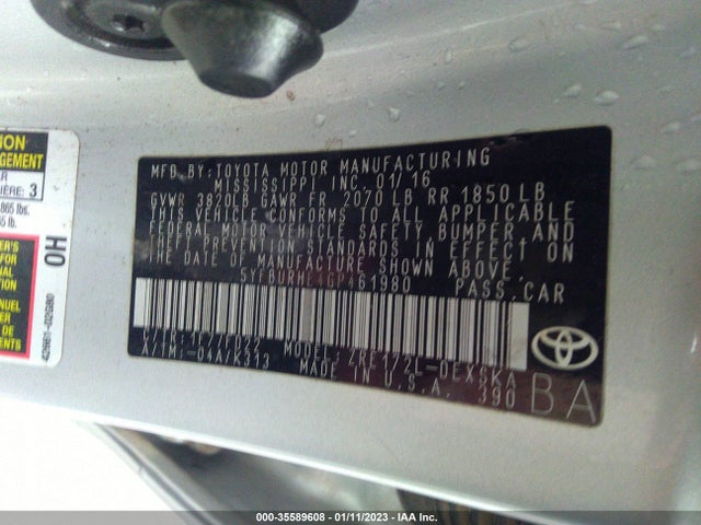 2016 TOYOTA COROLLA L/LE/S/S PLUS/LE PLUS VIN: 5YFBURHE4GP461980