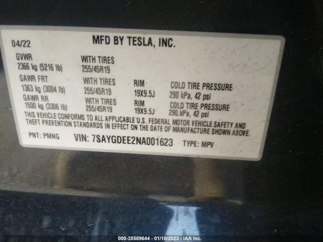 Tesla Model Y Long Range 2022 7SAYGDEE2NA001623 Image 9