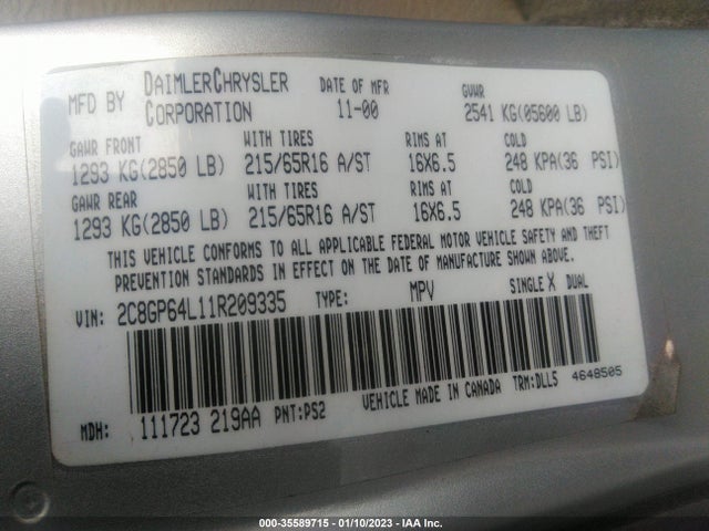 2C8GP64L11R209335 Chrysler Town & Country Limited