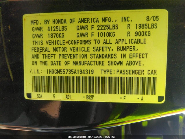 2005 HONDA ACCORD SDN EX/EX-L WITH NAVI VIN: 1HGCM55735A194319