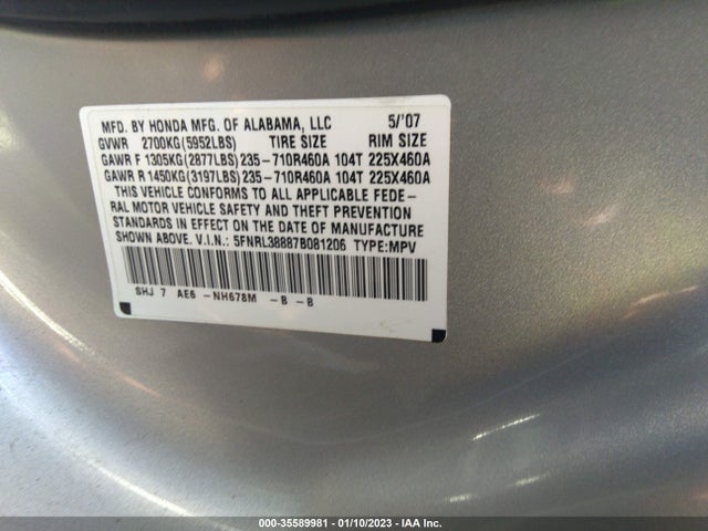 2007 HONDA ODYSSEY TOURING VIN: 5FNRL38887B081206