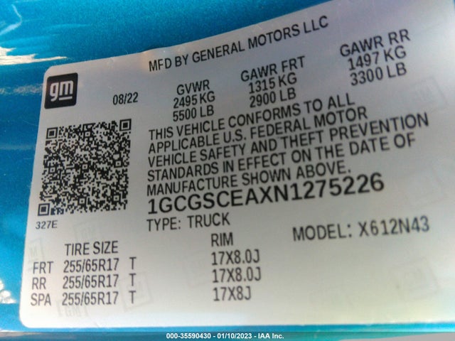 2022 Chevrolet Colorado, VIN: 1GCGSCEAXN1275226