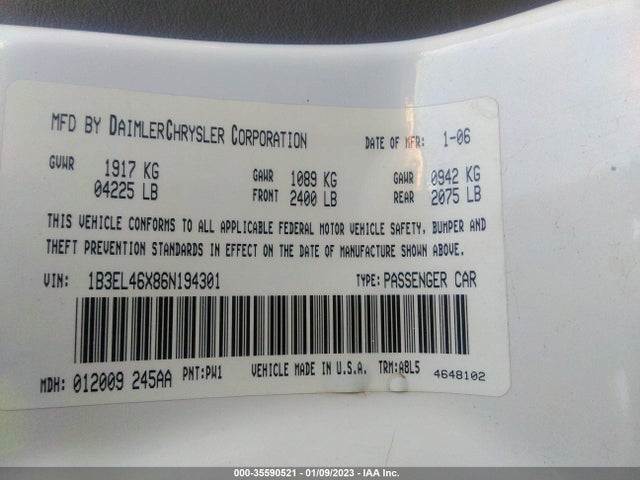 Dodge Stratus Sdn Sxt 2006 1B3EL46X86N194301 Image 10