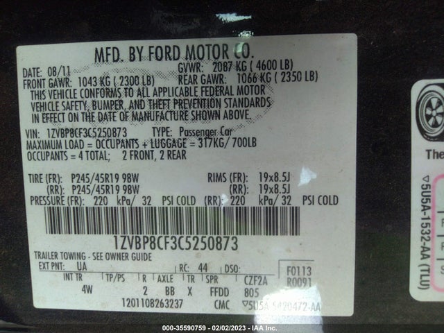 2012 FORD MUSTANG GT VIN: 1ZVBP8CF3C5250873