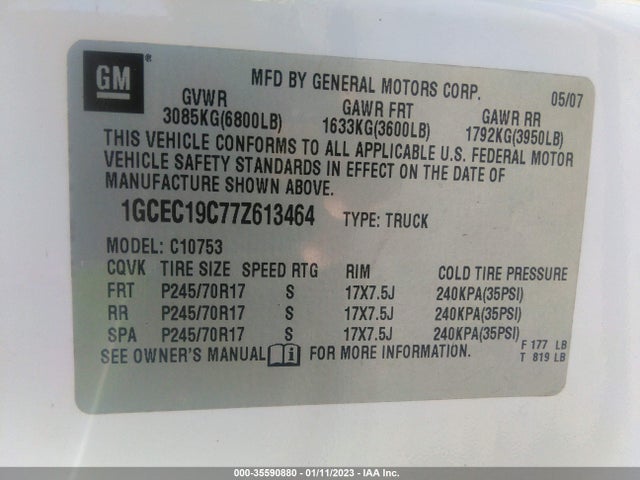2007 CHEVROLET SILVERADO 1500 WORK TRUCK VIN: 1GCEC19C77Z613464