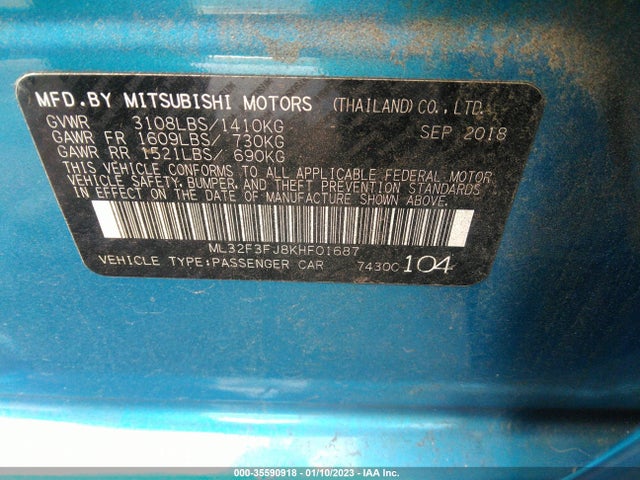 2019 MITSUBISHI MIRAGE G4 ES/RF VIN: ML32F3FJ8KHF01687